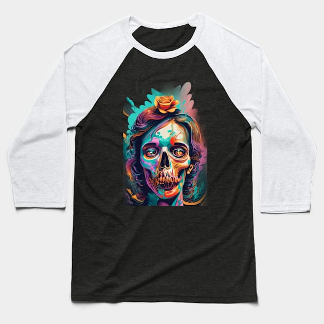 The face with a skull has strong, expressive colors Baseball T-Shirt by ArtFeverShop